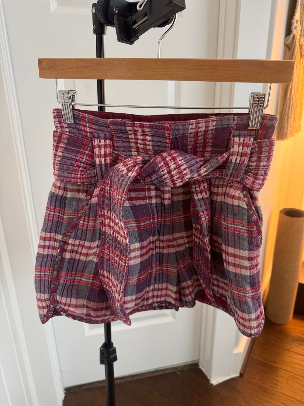 Sezane | Pink and Burgundy Plaid Paperbag Mini Shorts with Tie US 2